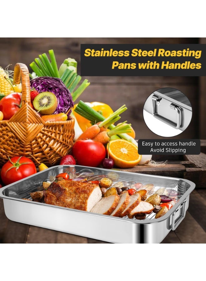 WALALLA 2 Pcs  Stainless Steel Roasting Pans with Handles, Baking Pan for Oven with 2 Pcs Flat Racks, Heavy Duty, Dishwasher Safe Rectangular Lasagna Pan with Handles for Turkey Chicken, Silver - Image 2